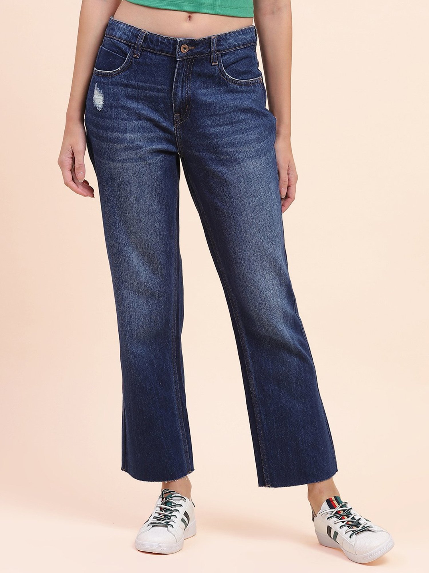 Camla Dark Blue Cotton Distressed Regular Fit Mid Rise Jeans