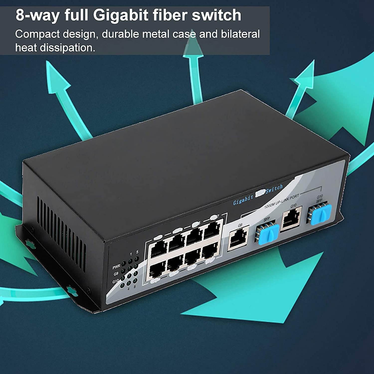 01 8-Port Ethernet Switch, 10/100/1000Mbps Plug and Play Portable 12V 2A Power Supply Switch Optical Converter, for Simple Settings Uplink Port Anti-Thunder