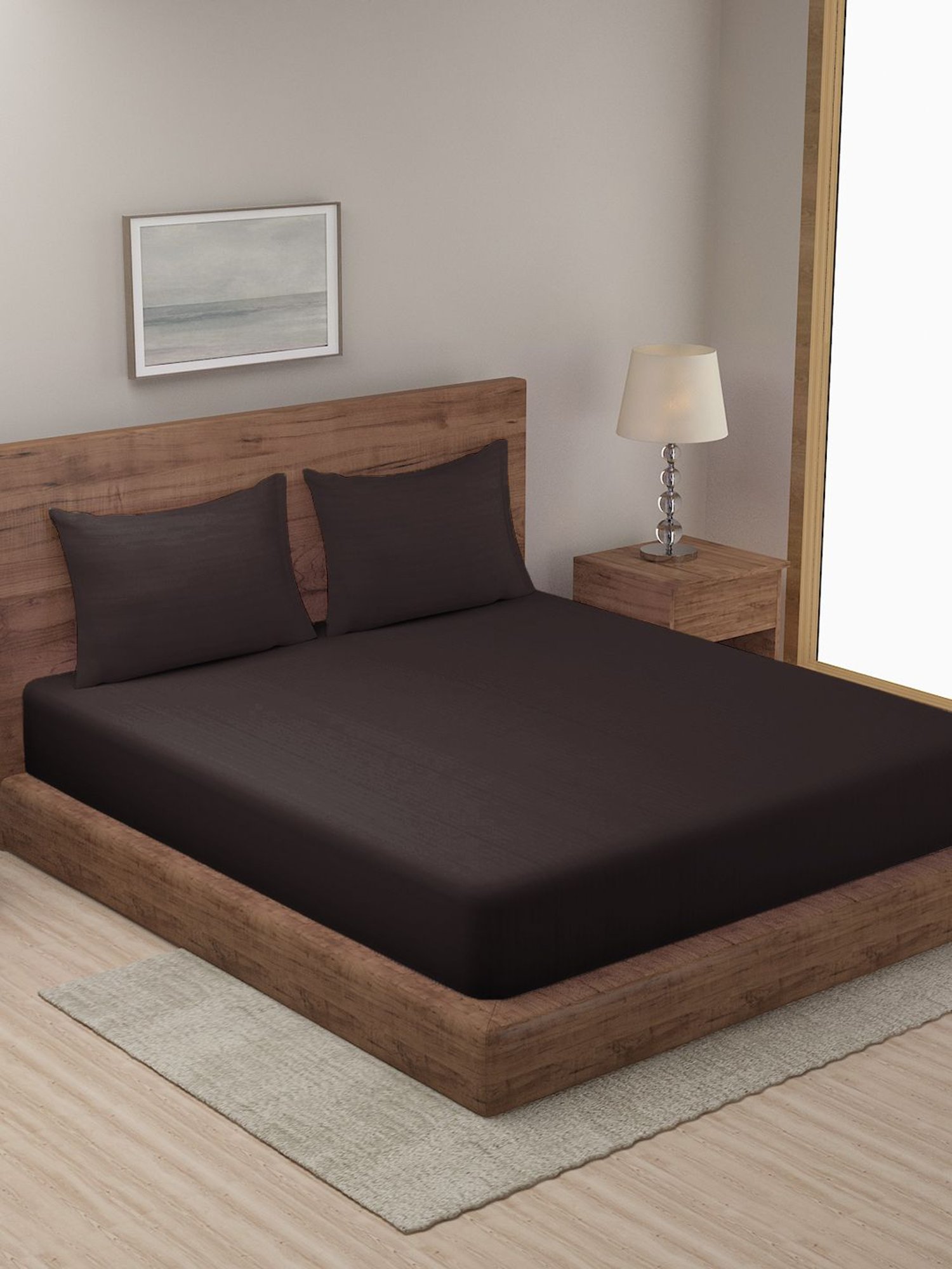 Hosta Homes Stripes Brown 280 TC Poly Satin Fitted King Bed Sheet with 2 Pillow Covers