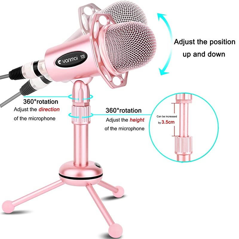 Professional Condenser Microphone  Plug Play Microphone with Tripod for PC Computer Phone for Games Podcast Broadcasting Rose Gold