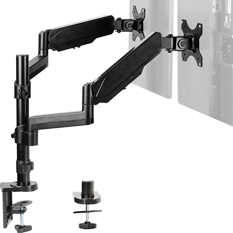 Dual Monitor Arm Mount for 17 to 32 inch Screens - Pneumatic Height Adjustment, Full Articulating Tilt, Swivel, Heavy Duty VESA Stand with Desk C-clamp and Grommet Option STAND-V002K