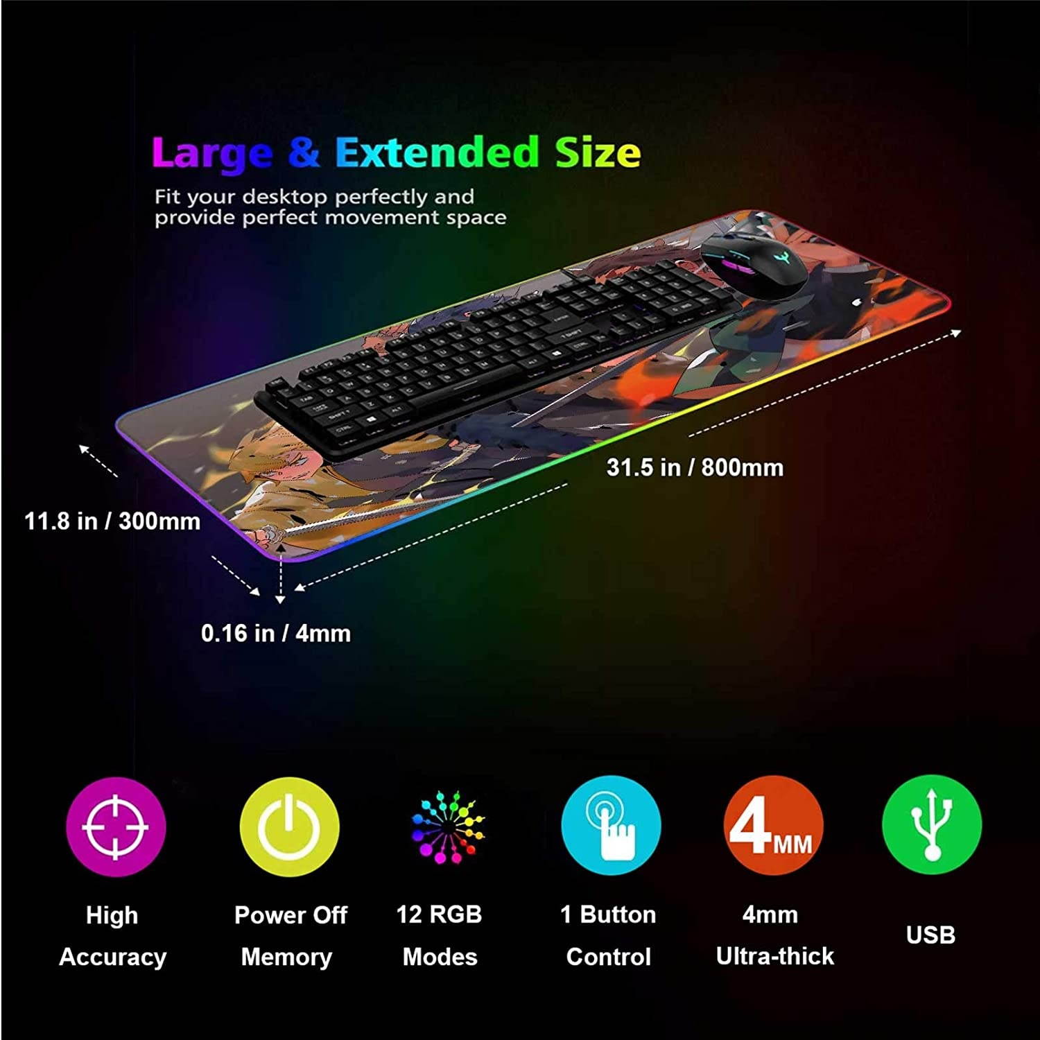 RGB Gaming Mouse Pad Anime Demon Slayer Kimetsu Tanjiro Inosuke Zenitsu,Laptop Desk Pad,Mousepad with Stitched Edge Frame & Non-Slip Rubber Base,Computer Keyboard and Mice Pads Mouse Mat 31.5X11.8