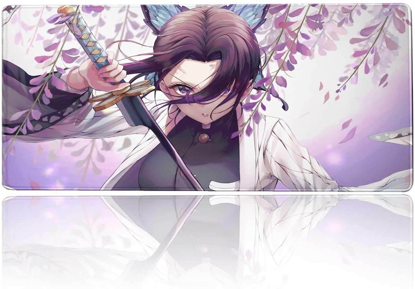 Mouse Pad Anime Demon Slayer Shinobu Kocho Katana Insect Pillar Kimetsu,Laptop Desk Pad,Mousepad with Stitched Edge Frame & Non-Slip Rubber Base,Computer Keyboard and Mice Pads Mouse Mat 29.5x15.7