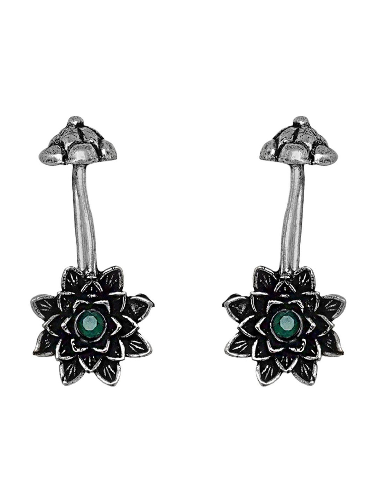 Teejh Ridhima Green Stone Silver Oxidized Clip On Bugadi