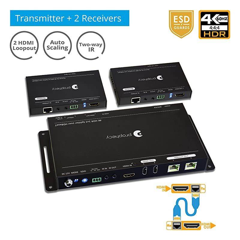 Prohecy 1x2 HDMI 2.0a Extender Splitter HDBaseT 4K 60Hz 4:4:4 HDBaseT Over Cat5e/6/7 with 2 Loopouts & Auto Downscaling, 60m/198ft @1080p, 35m/114ft @UHD, HDR, 18Gbps, PoC, Dual IR, RS-232, 3D