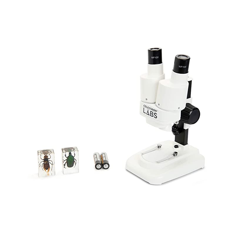 S20 Portable Stereo Microscope w/20x Power, 2 Insect Specimens in Clear Plastic, 2 AA Batteries, Upper Illuminator