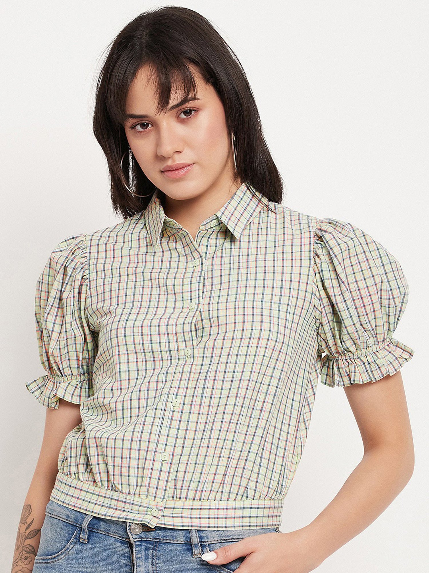 Camla Green Checks Crop Shirt
