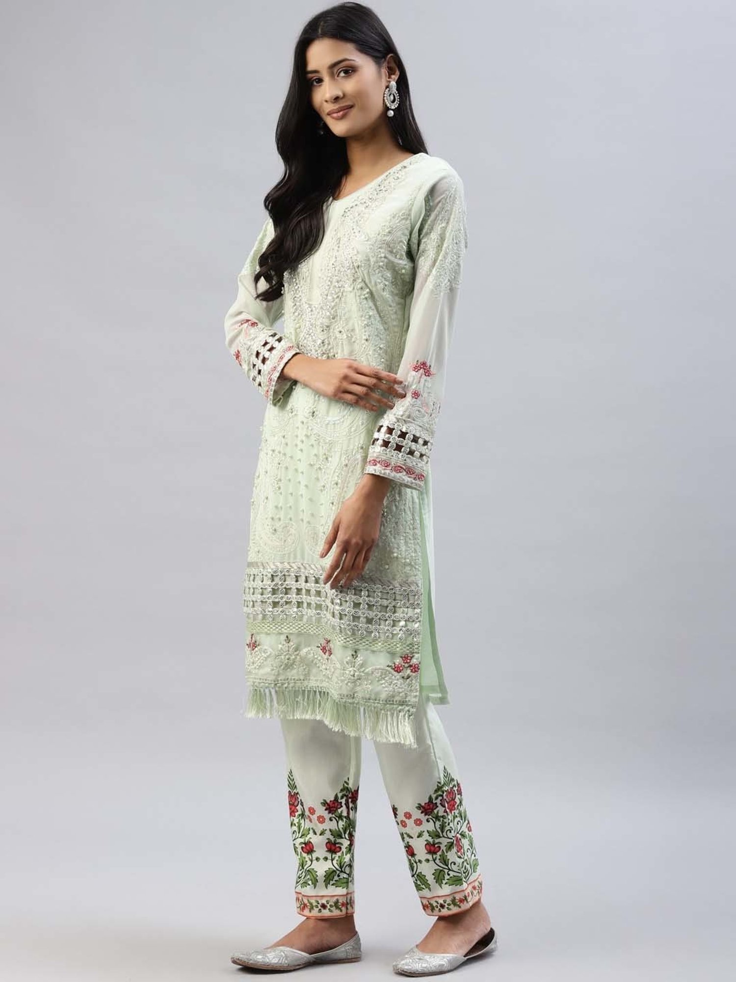 READIPRINT FASHIONS Mint Green Embellished Unstitched Dress Material
