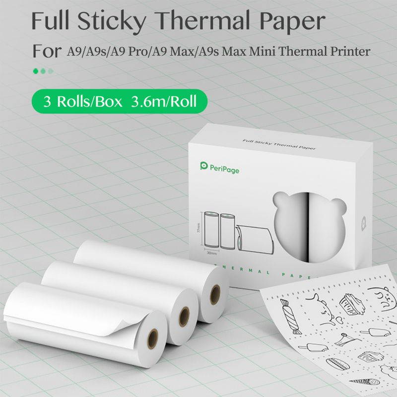 PeriPage 77 x 30mm Self-Adhesive Thermal Paper Sticker BPA-Free Printable Sticky Paper Roll Waterproof Oil-proof Friction-proof for PeriPage A9/A9s/A9 Pro/A9 Max/A9s Max Mini Pocket Mobile Printer, 3