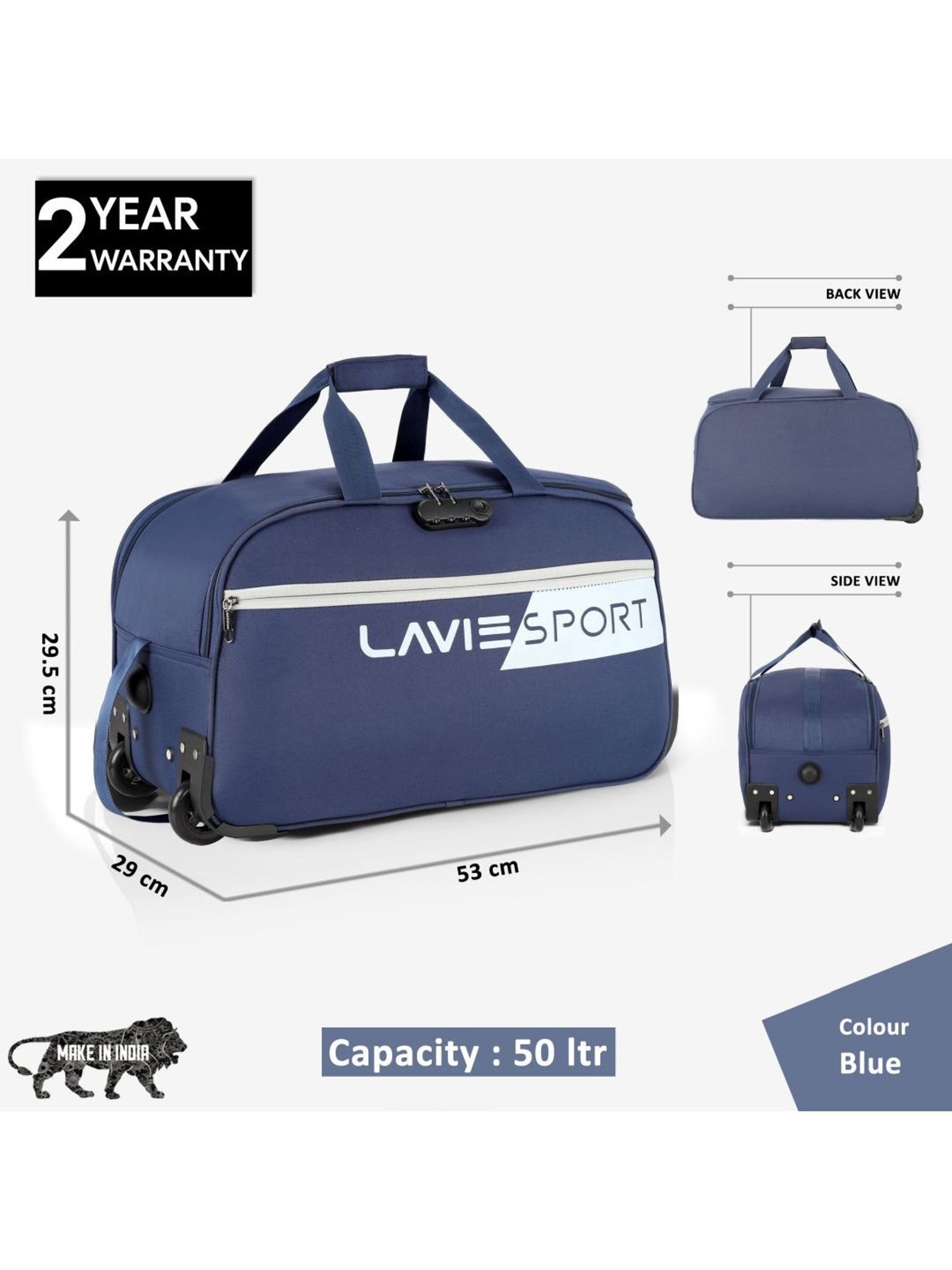 Lavie Sport 53 cms Camelot Wheel Duffle Bag With Combi Lock | Trolley Bag (Navy)