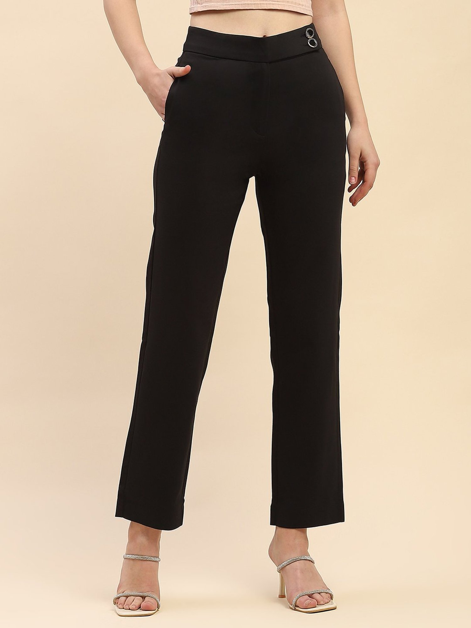 Camla Black Cotton Straight Fit Mid Rise Trousers