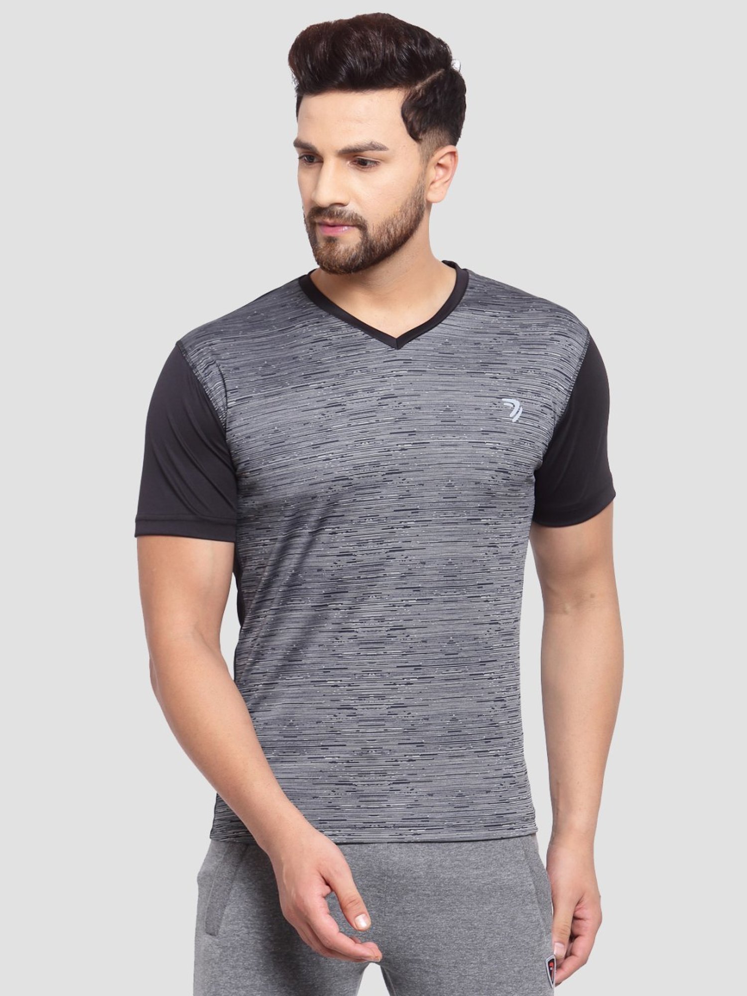 Sporto Mid Black Regular Fit Self Pattern Sports T-Shirt