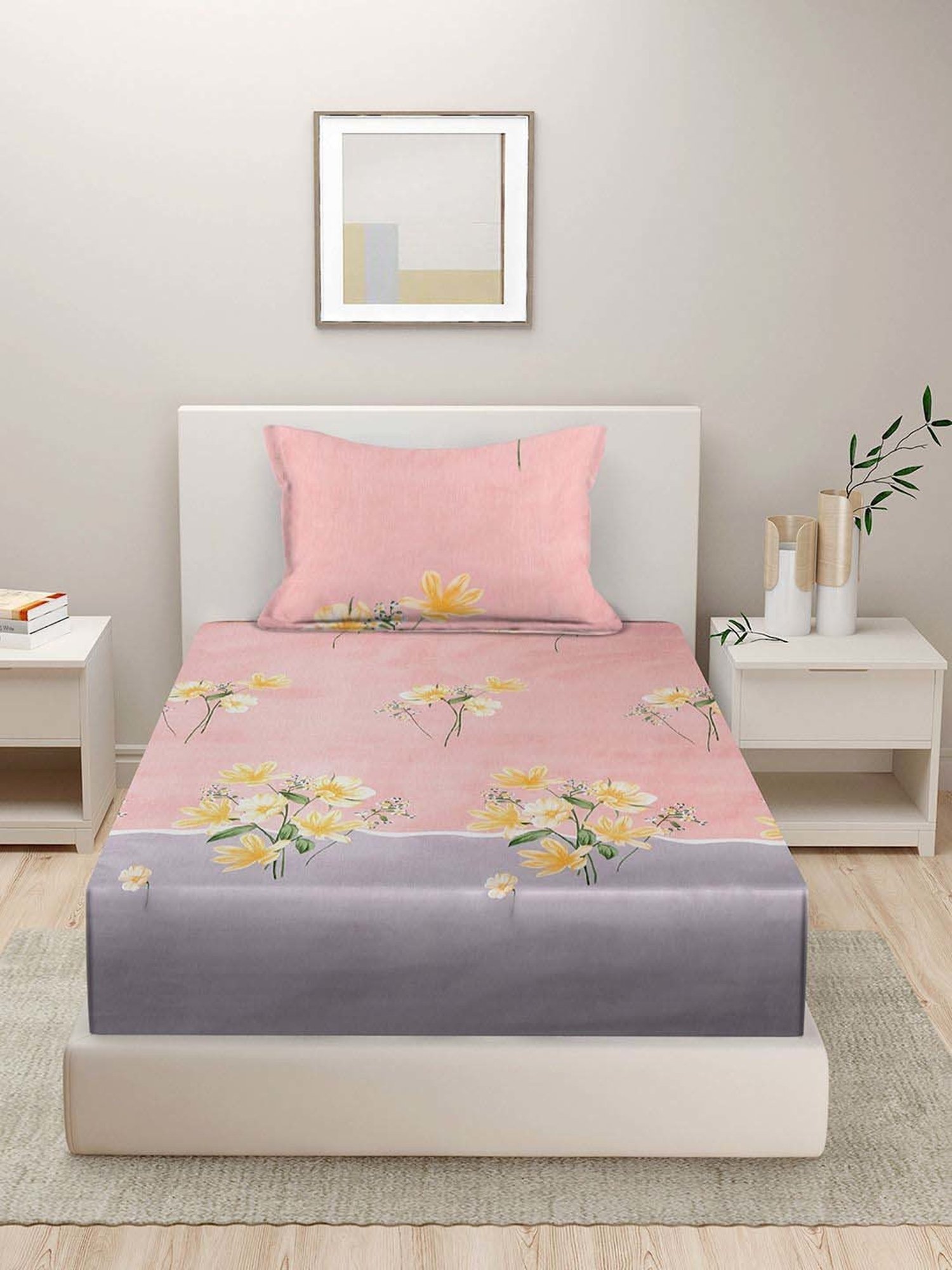 HOSTA HOMES Pink Cotton 280 TC Single Bedsheet with 1 Pillow cover