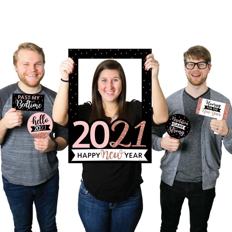 Big Dot of Happiness Rose Gold Happy New Year - 2021 New Year's Eve Party Selfie Photo Booth Picture Frame and Props - Printed on Sturdy Material