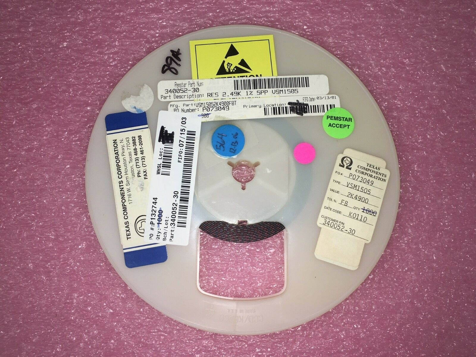 (5 PIECE LOT) VSM15052K4900FBT, VISHAY, RES 2.49K ohm 1% 5PP VSM1505