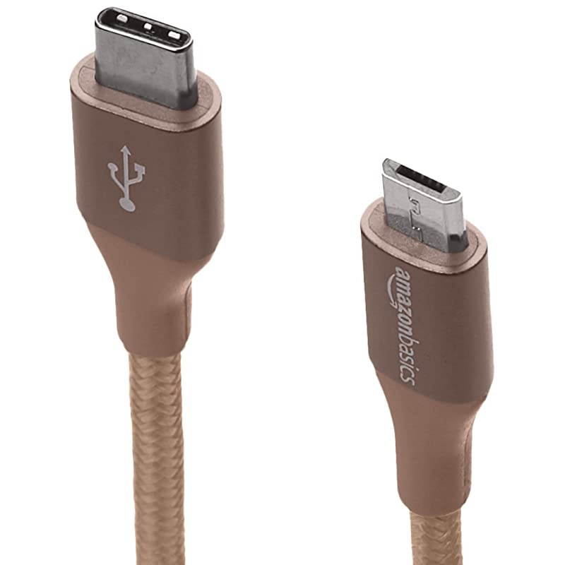 Basics Double Braided Nylon USB TypeC to MicroB 20 Male Charger Cable | 1 foot Gold