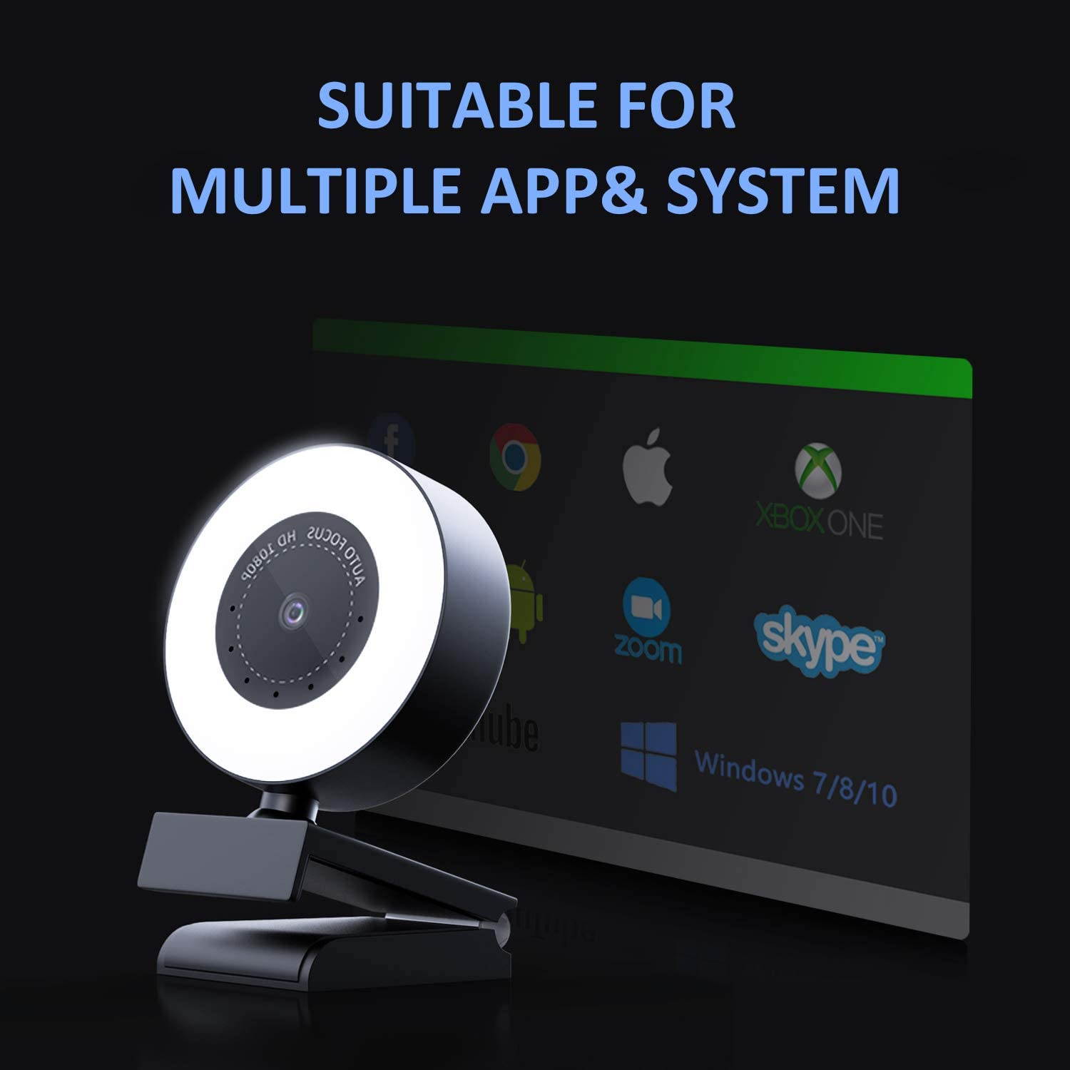 PTN HD Webcam 1080P with Adjustable Brightness Ring Light, USB PC Video Cam with Built-in Microphone, Advanced Autofocus Web Camera with Dual Microphone for Mac Windows Laptop Xbox Skype OBS