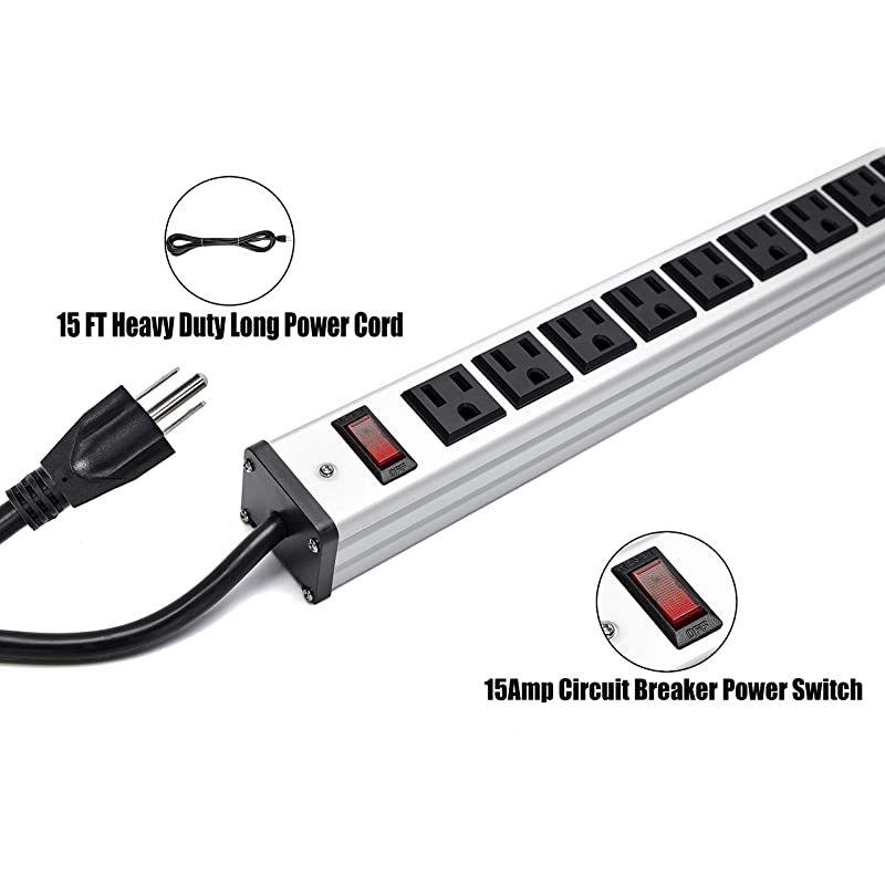 Protector Power Strip 16-Outlet ETL Certified Heavy Duty Metal Power Socket with Circuit Breaker and 15 FT Long Cord