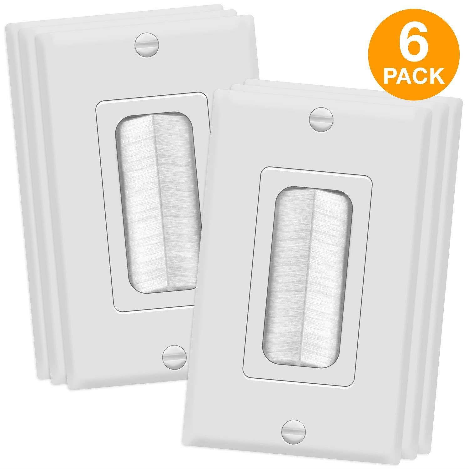 TG8891 1-Gang Brush Wall Plate Multimedia Bristled Pass-Through Insert with Decorator Wall Plate for Media Cables, Standard Size, White (6 Pack)