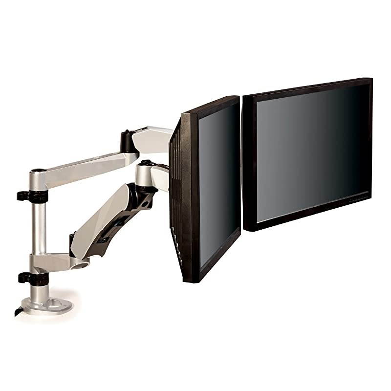 Easy Adjust Desk Mount Dual Monitor Arm, Adjust Height, Tilt, Swivel and Rotate by Holding and Moving Monitor, Free Up Desk Space, Clamp or Grommet, For Monitors to 20 lbs, <= 27", Silver (MA265S)