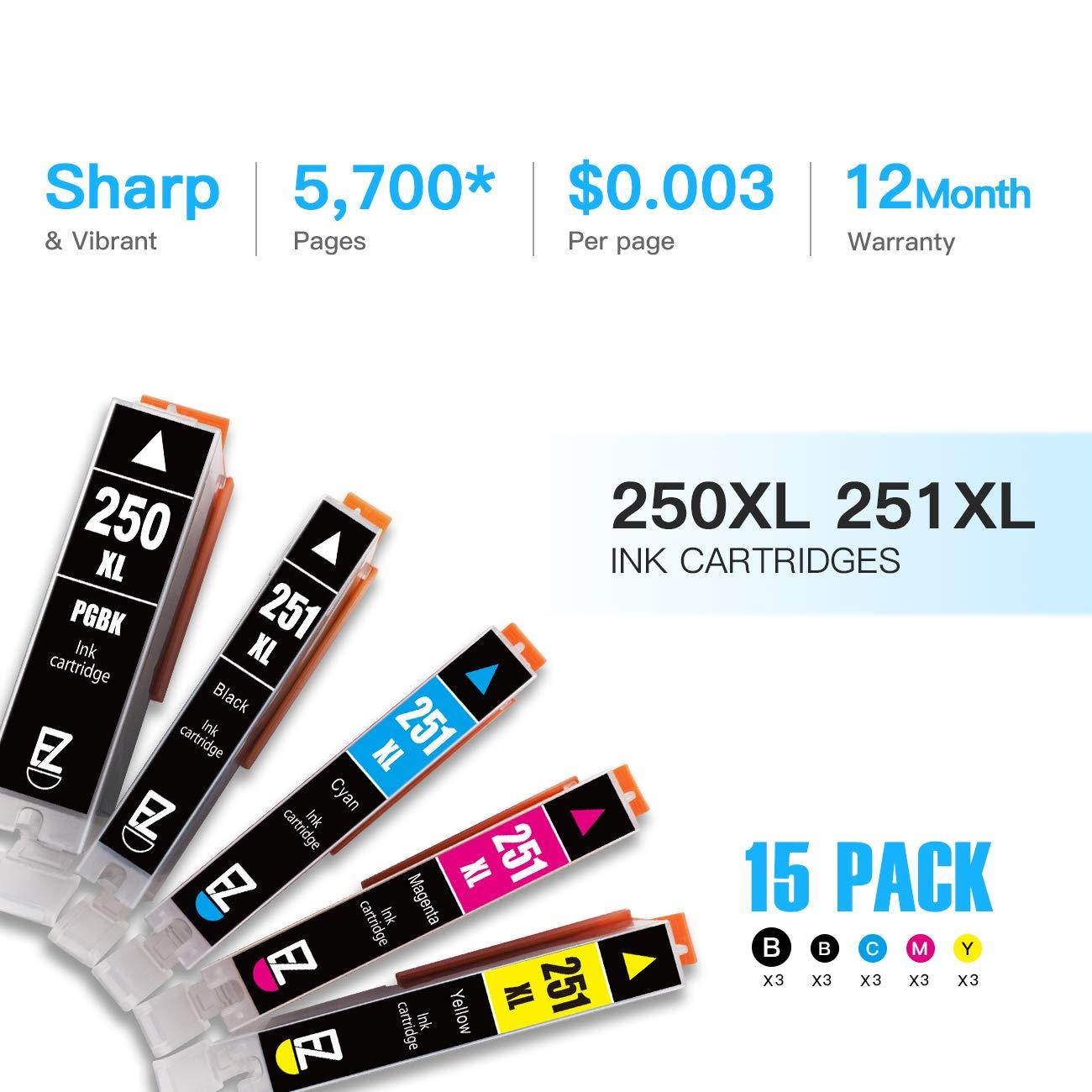 E-Z Ink (TM) Compatible Ink Cartridge Replacement for Canon PGI-250XL PGI 250 XL CLI-251XL CLI 251 XL to use with PIXMA MX922 MG5520 (3 Large Black, 3 Cyan, 3 Magenta, 3 Yellow, 3 Small Black) 15 pack