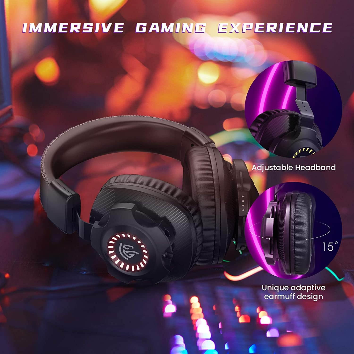 EasySMX 2.4G Wireless Gaming Headset PS5/PS4/PC V07W Gaming Headphones with Detachable Noise Cancellation Microphone, RGB Lighting, Over-Ear Memory Foam Computer Headset with 7.1 Surround Deep Bass