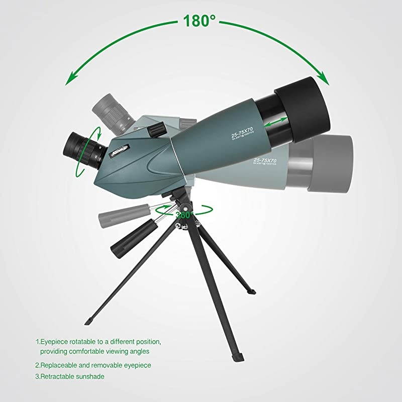 Spotting Scope with Tripod Cell Phone Adapter and Bag 25-75X70 BAK4 Monocular Telescope 45 Degree Angled Spotting Scopes  Shooting Bird Watching