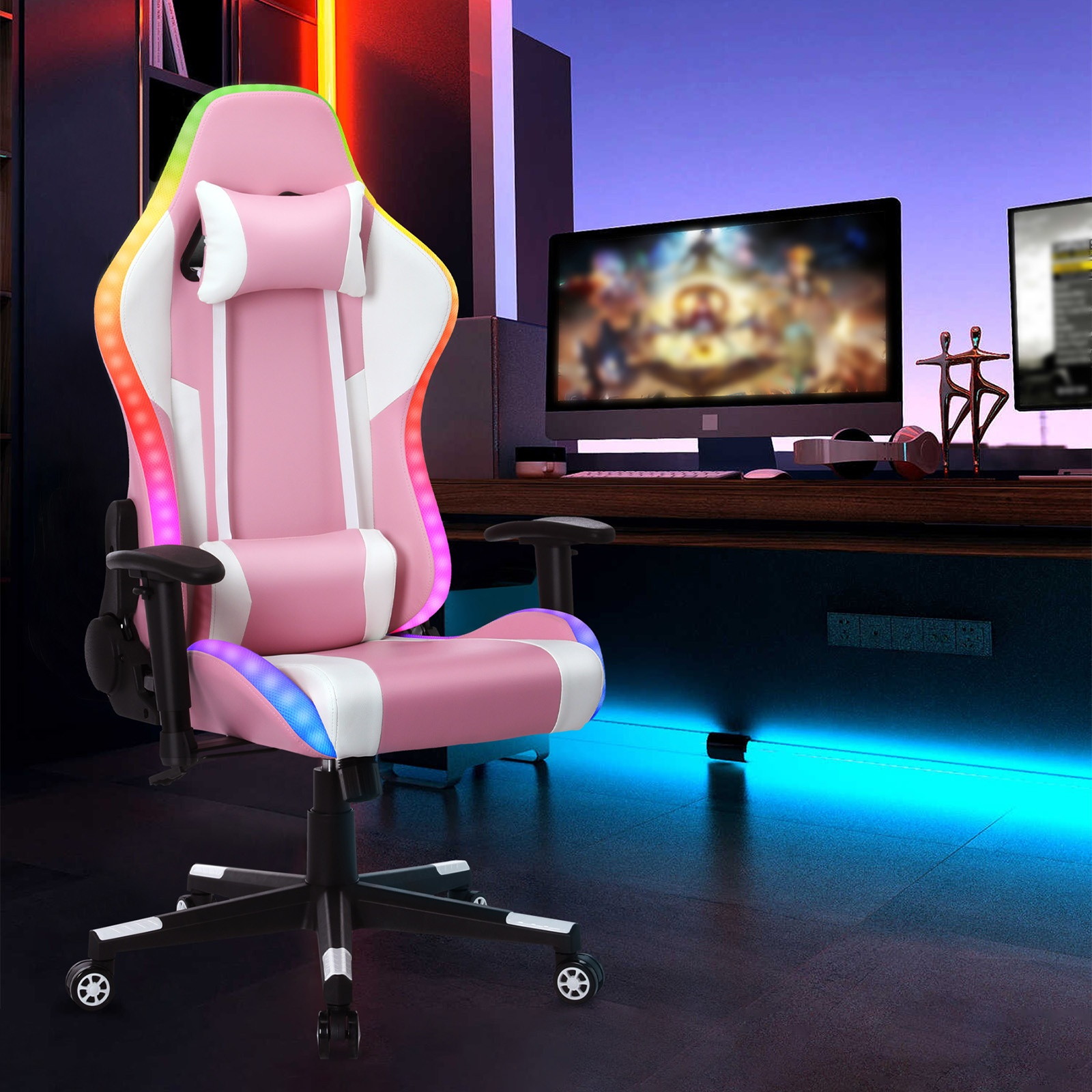 YOUTHUP Gaming Chair with RGB LED Lights, Racing Style Recliner Swivel Video Computer Chair with Bluetooth Speakers, Adjustable Ergonomic High Back, PU Leather with Headrest and Lumbar Support, Pink