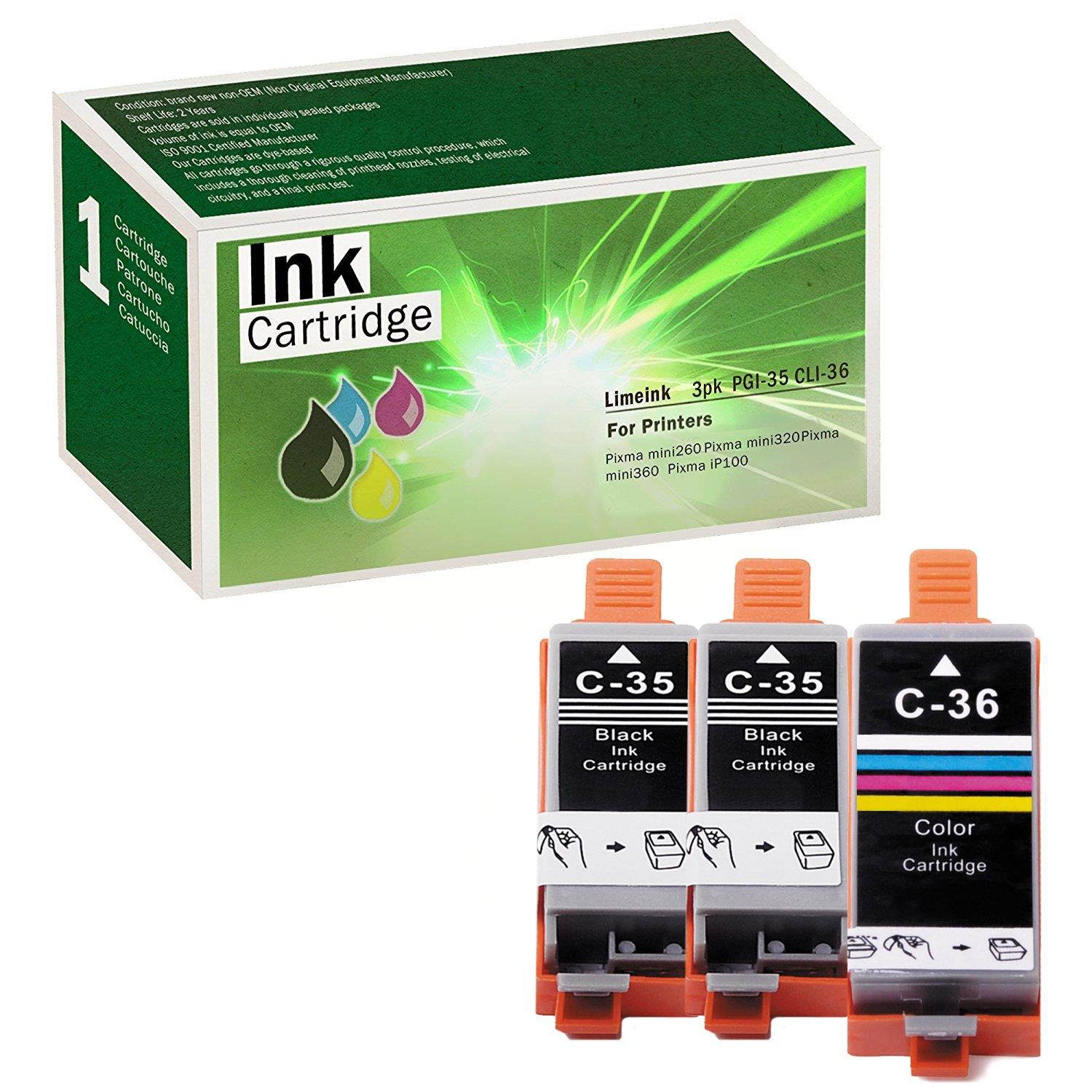 Limeink Compatible Ink Cartridge Replacements PGI-35 & CLI-36 (2 Black / 1 Color, 3 Pack)