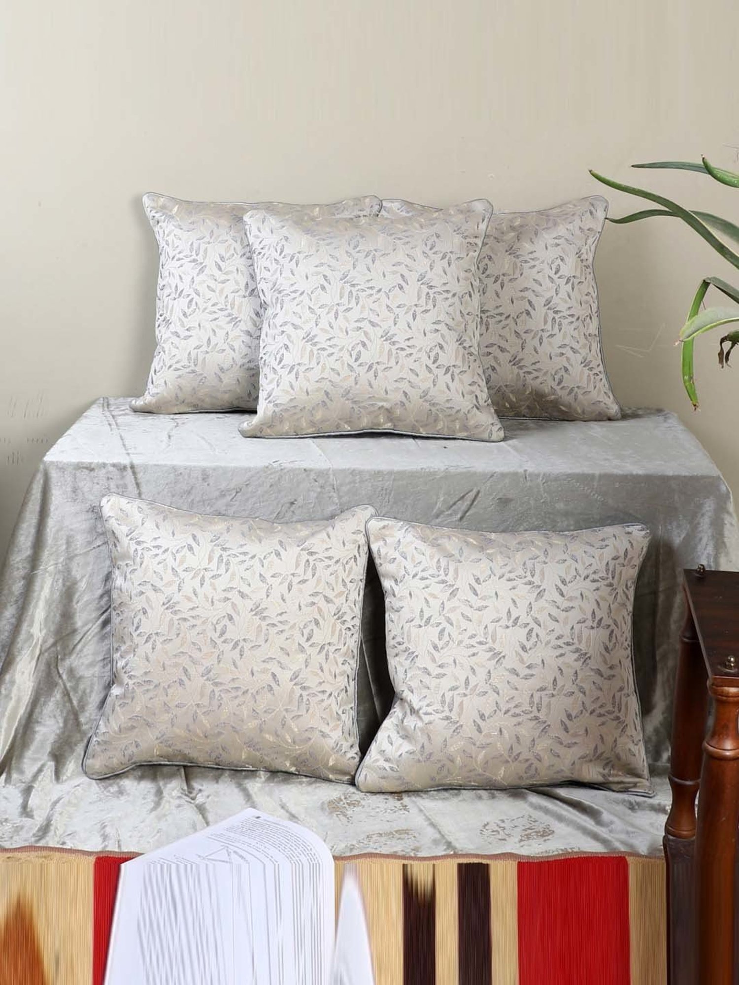 MFD HOME Furnishing Silver Silk Cushion Cover - Set of 5