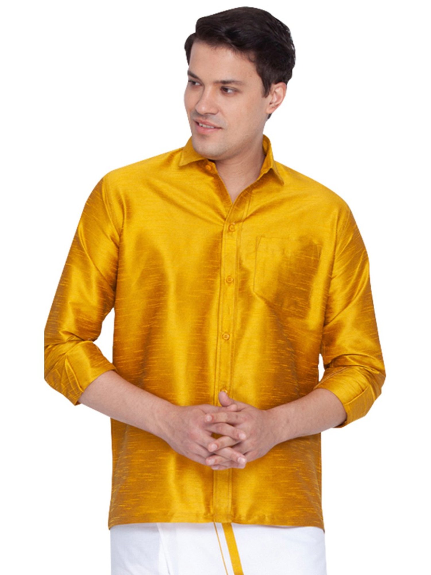 VASTRAMAY Mustard Straight Fit Self Pattern Shirt