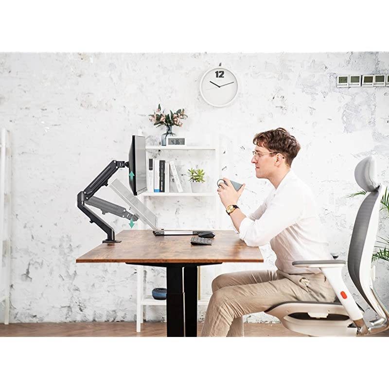 Single Monitor Stand Articulating Gas Spring Monitor Arm Adjustable VESA Mount Desk Stand with CClamp Installation Fits 17 to 27 inch LCD Computer Monitors up to 143lbs