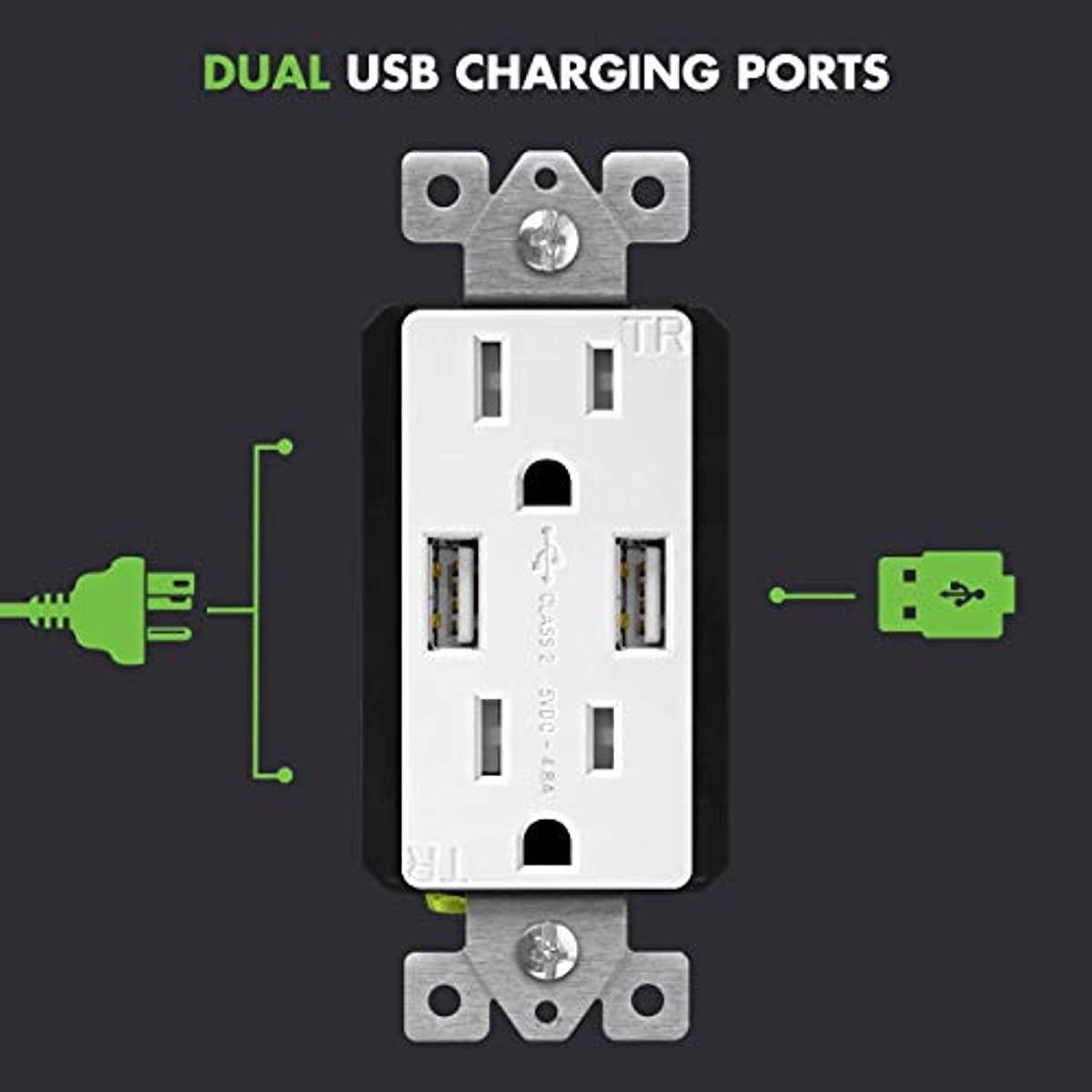 TOPGREENER 4.8A High Speed USB Wall Outlet, 15A Tamper-Resistant Receptacles, Compatible with iPhone XS/MAX/XR/X, Samsung Galaxy S9/S8, LG, HTC & Other Smartphones, UL Listed, TU21548A, 2 Pack, White