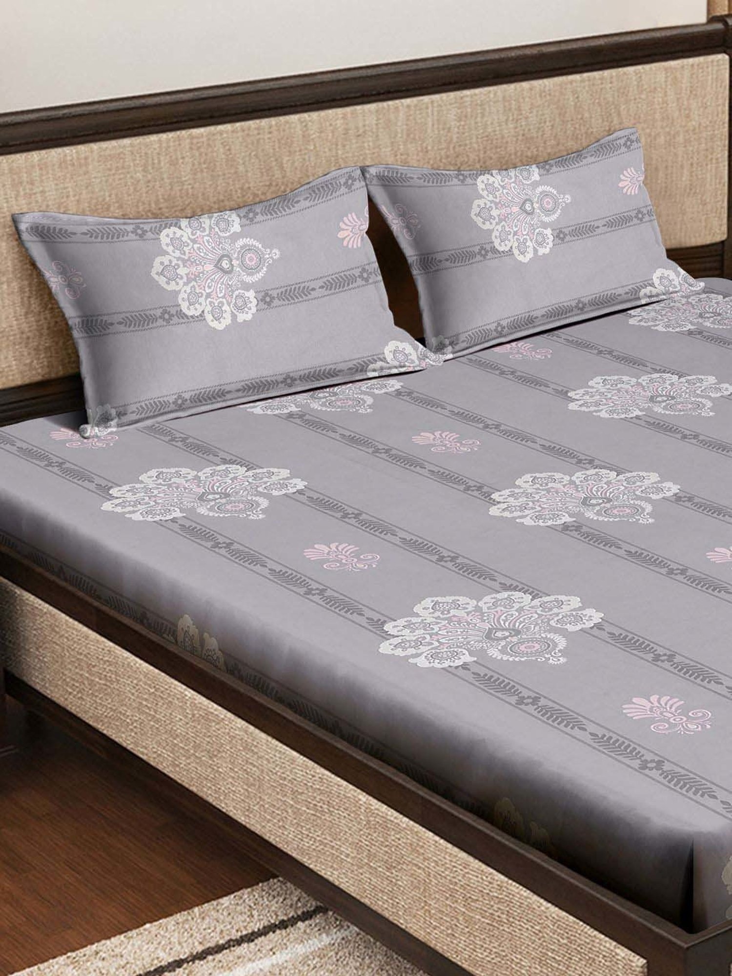 Klotthe Grey 400 TC Cotton Double Elastic Book Fold Bedsheet with 2 Pillow Covers