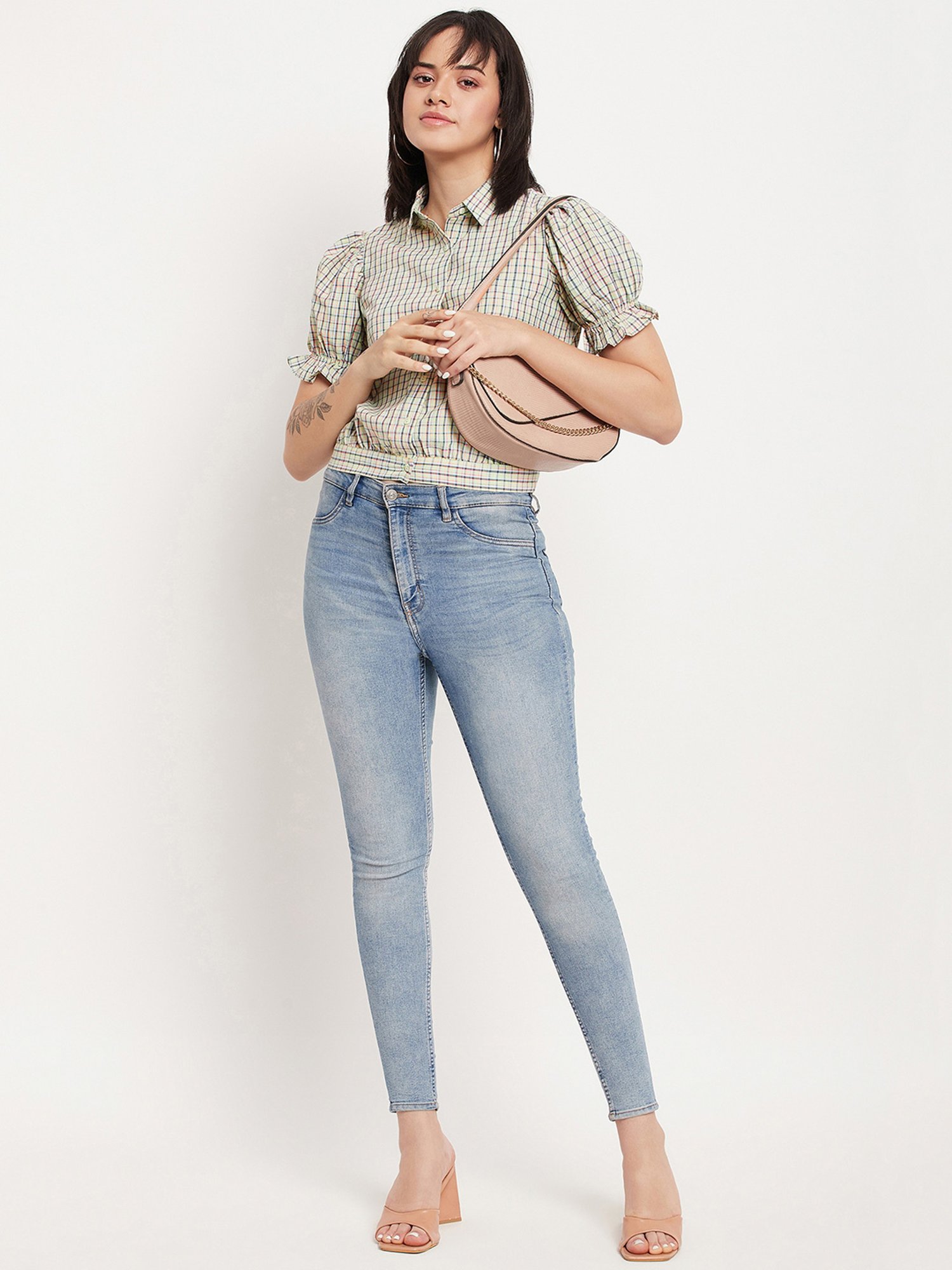 Camla Green Checks Crop Shirt