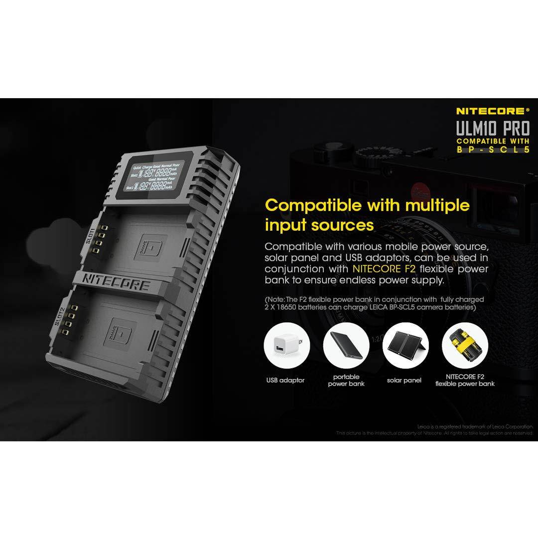 NITECORE ULM10 Pro Digital QuickCharge 2.0 USB Battery Charger Compatible with Leica BP-SCL5 Batteries & LumenTac QC3.0 Charging Adapter