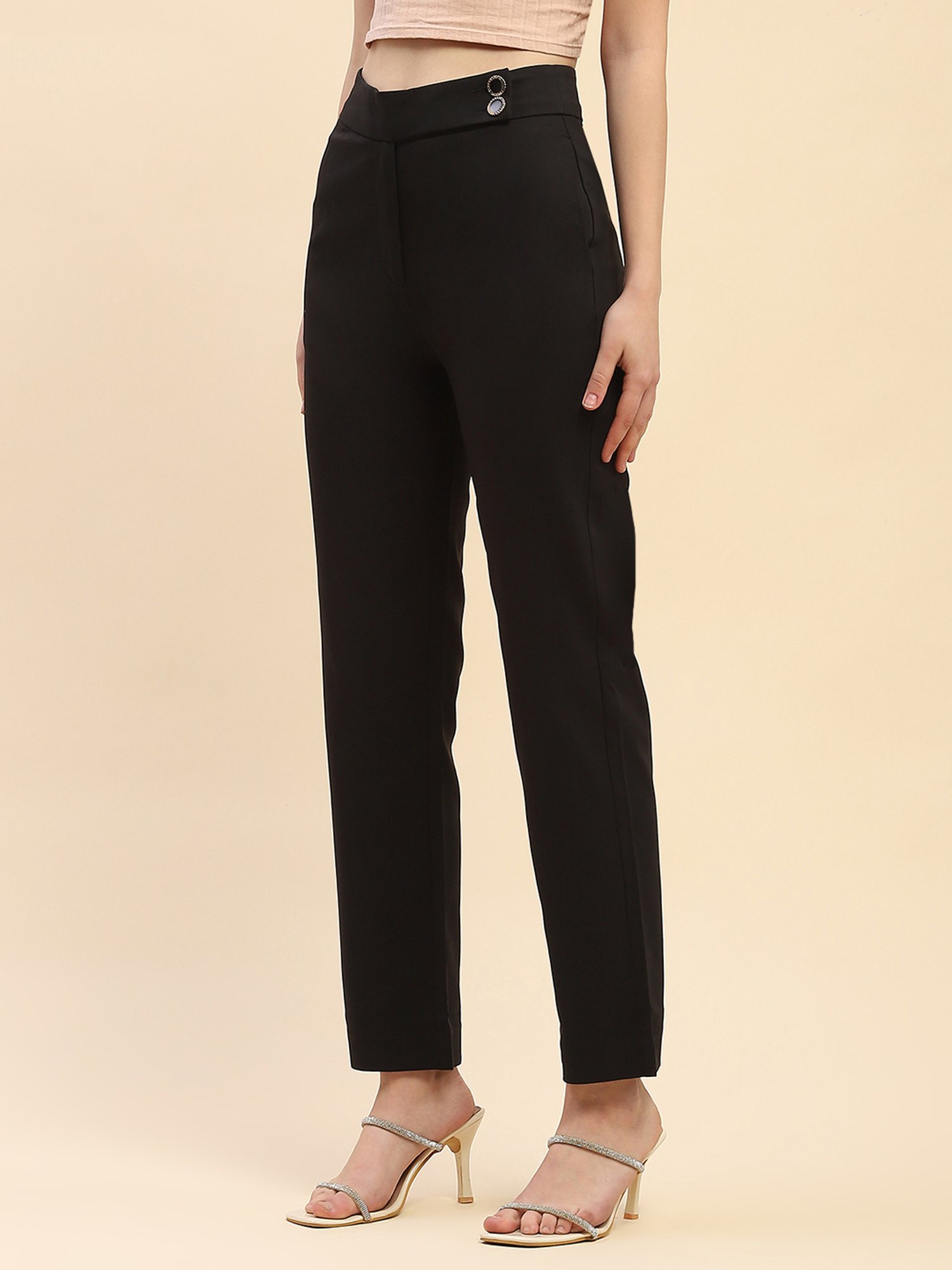 Camla Black Cotton Straight Fit Mid Rise Trousers