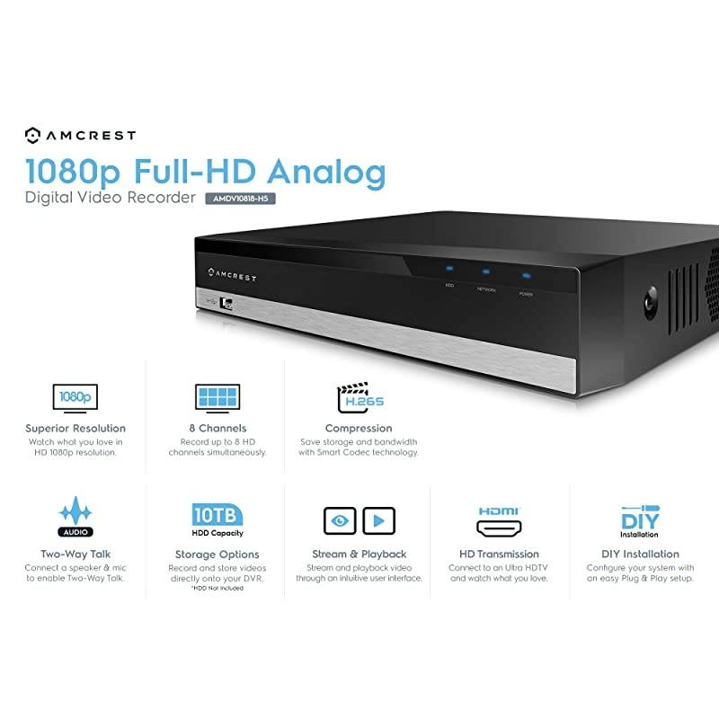 1080p ProHD 8 Channel DVR Security Camera System Recorder 2MP Security DVR for Analog Security Cameras amp  IP Cameras Remote Smartphone Access HDD amp Cameras NOT Included AMDV10818H5