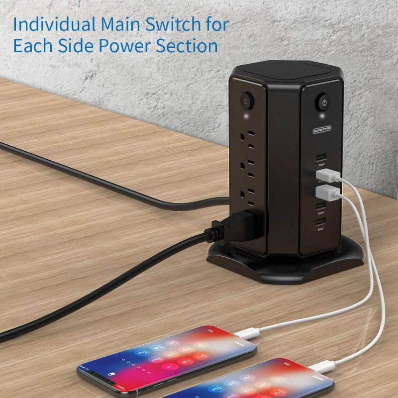 NTONPOWER Surge Protector Power Strip Tower, Flat Plug Desktop Charging Station, Individual Switches, 8 Outlets with 5 USB Charger, 6ft Heavy Duty Extension Cord for Home Office Dorm Essential