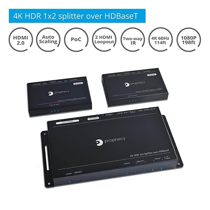 Prohecy 1x2 HDMI 2.0a Extender Splitter HDBaseT 4K 60Hz 4:4:4 HDBaseT Over Cat5e/6/7 with 2 Loopouts & Auto Downscaling, 60m/198ft @1080p, 35m/114ft @UHD, HDR, 18Gbps, PoC, Dual IR, RS-232, 3D