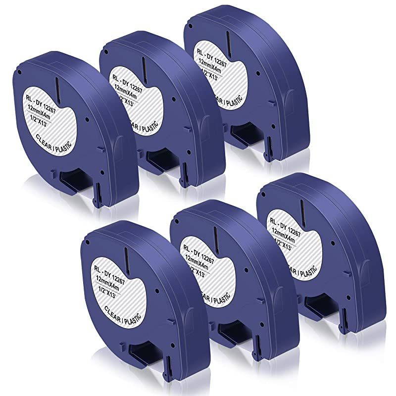 Compatible Label Tape Replacement for DYMO LetraTag Refills 16952 12267 S0721530 Black on Clear Plastic Tape for DYMO Label Maker Plus LT100H LT100T QX50 12Inch x 13 Ft 12mm x 4m 6P