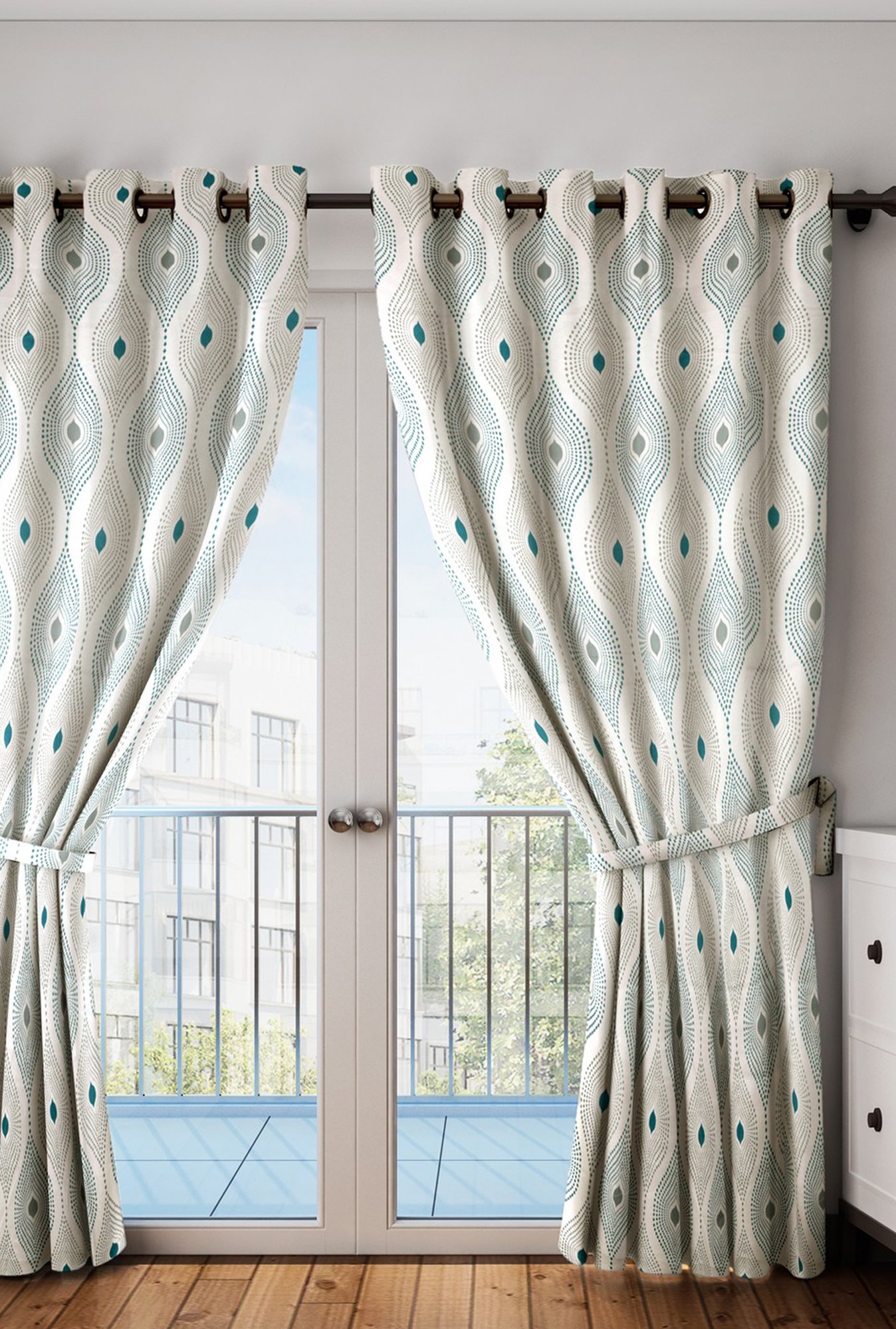 Swayam Cream & Blue Printed Faux Silk Door Curtains - Set of 2