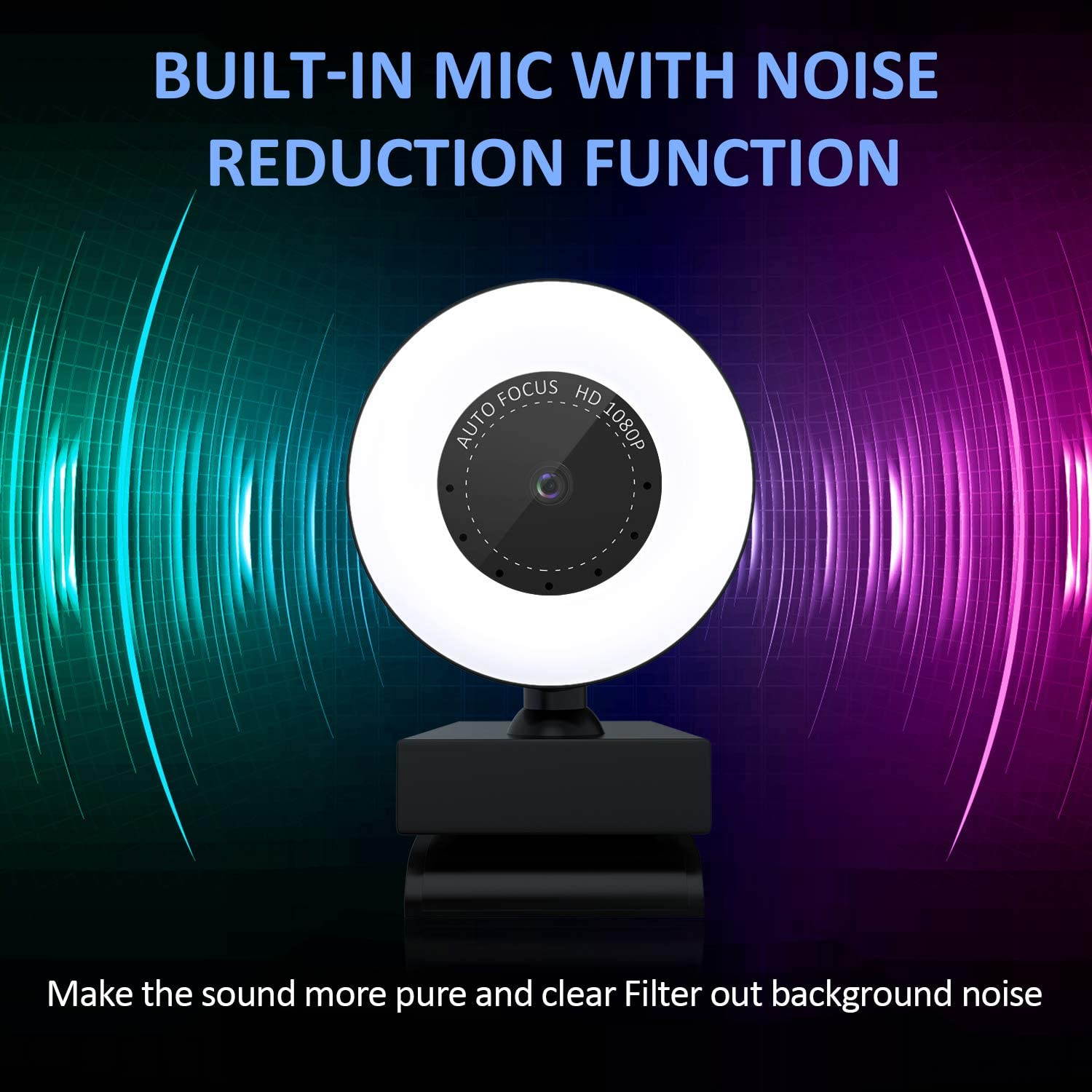 PTN HD Webcam 1080P with Adjustable Brightness Ring Light, USB PC Video Cam with Built-in Microphone, Advanced Autofocus Web Camera with Dual Microphone for Mac Windows Laptop Xbox Skype OBS