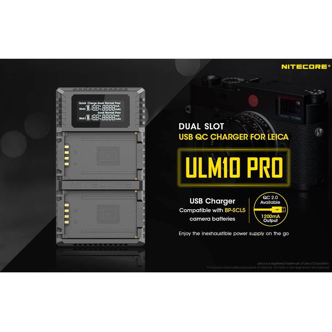 NITECORE ULM10 Pro Digital QuickCharge 2.0 USB Battery Charger Compatible with Leica BP-SCL5 Batteries & LumenTac QC3.0 Charging Adapter