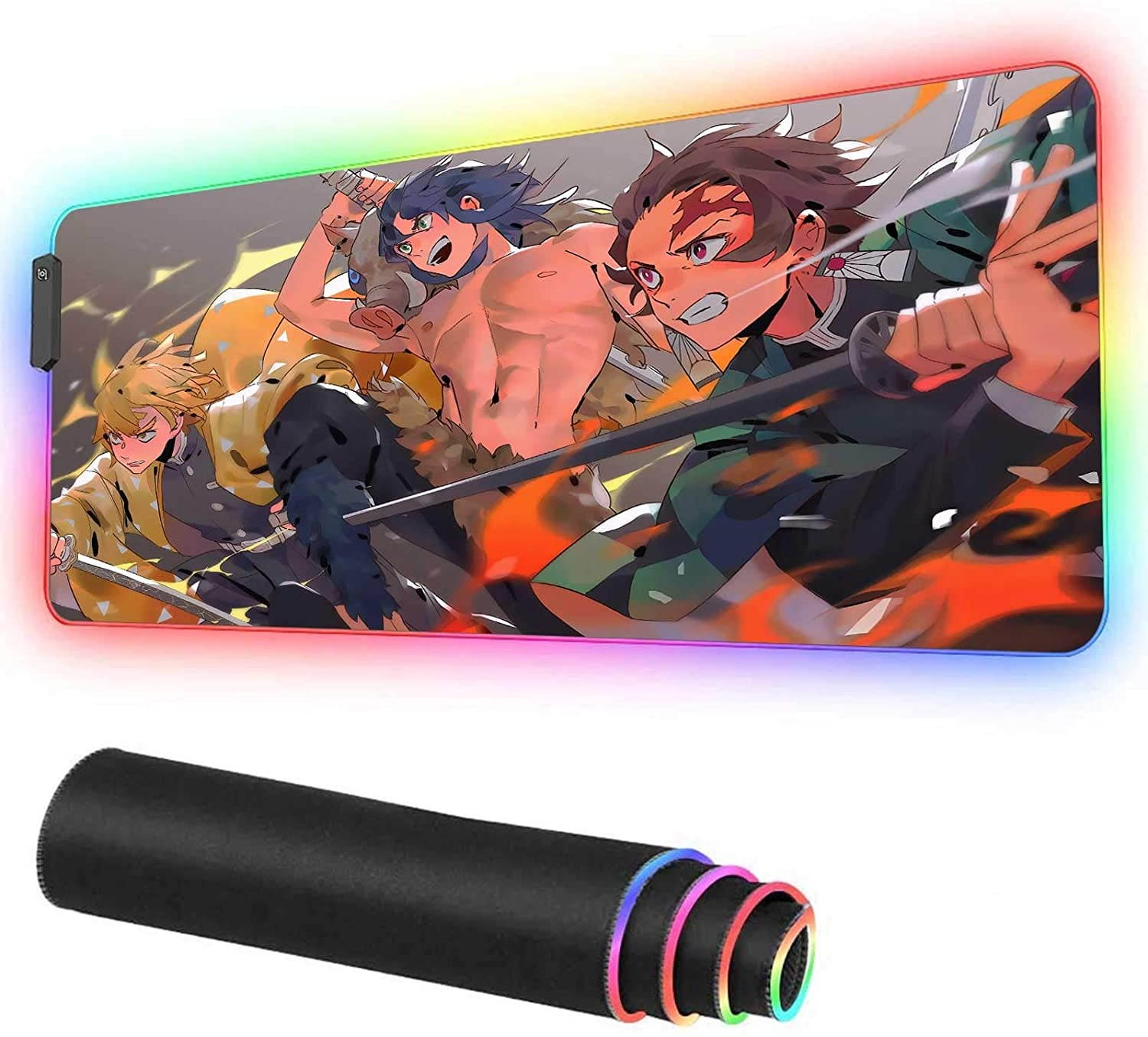 RGB Gaming Mouse Pad Anime Demon Slayer Kimetsu Tanjiro Inosuke Zenitsu,Laptop Desk Pad,Mousepad with Stitched Edge Frame & Non-Slip Rubber Base,Computer Keyboard and Mice Pads Mouse Mat 23.6X13.8