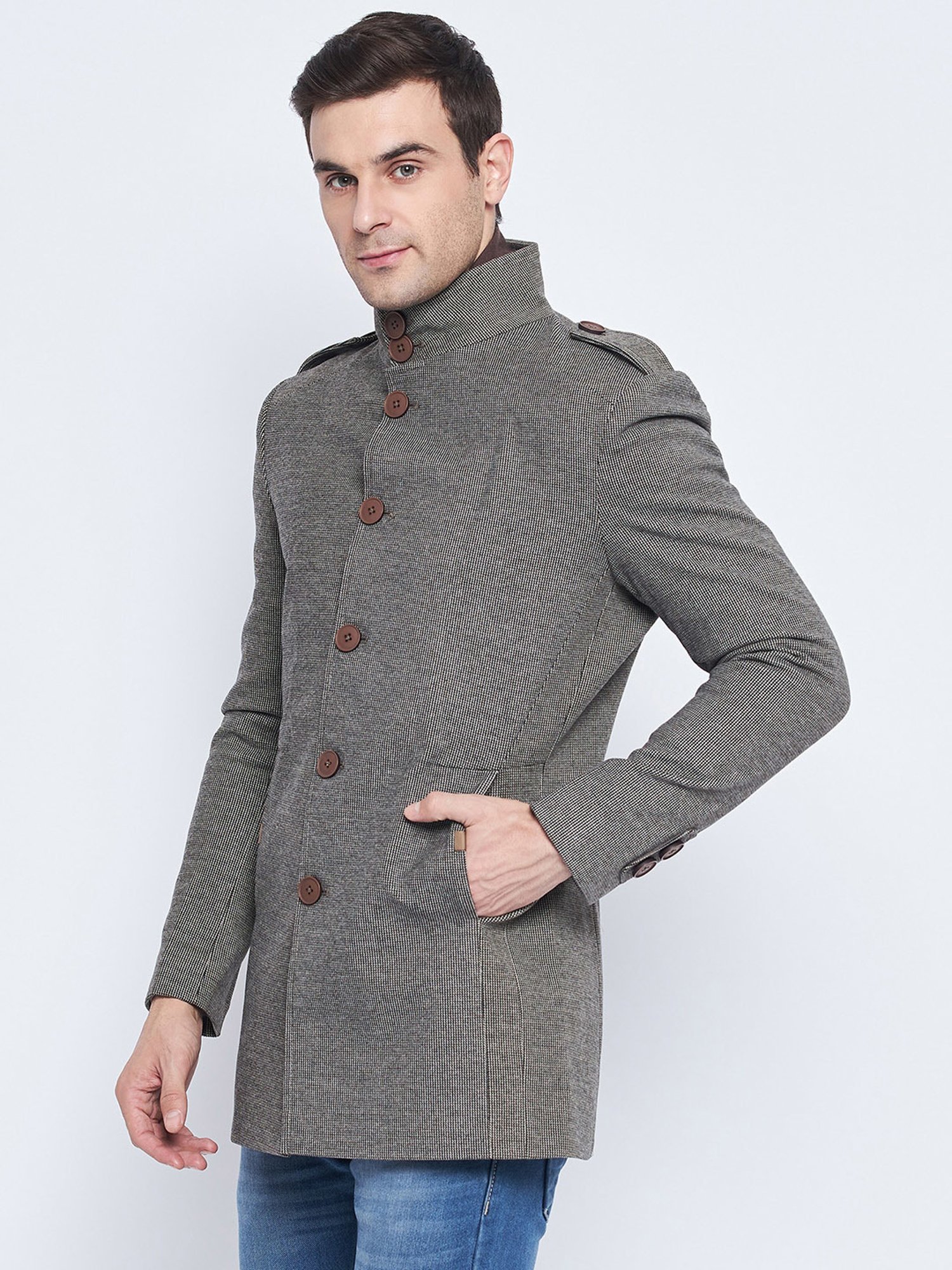 Camla Coffee Brown Regular Fit Mock Collar Textured Overcoat