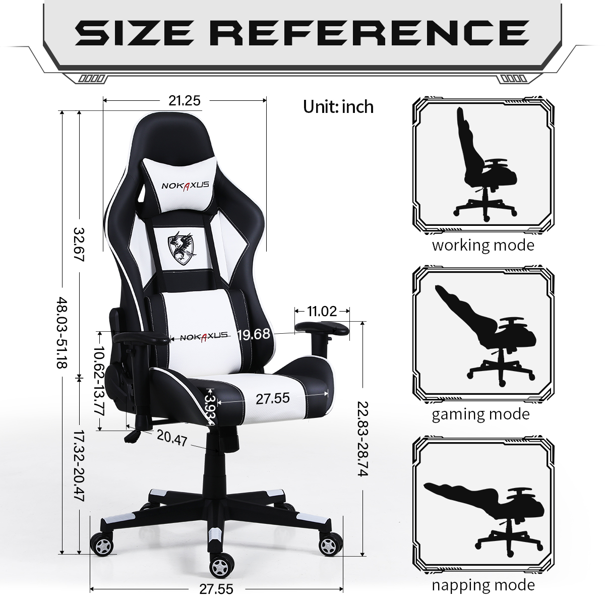 Nokaxus Gaming Chair Office Chair Adjustable Massage Lumbar Cushion Swivel Rocker Recliner Leather Ergonomic Computer Desk Chair with Retractable Arms