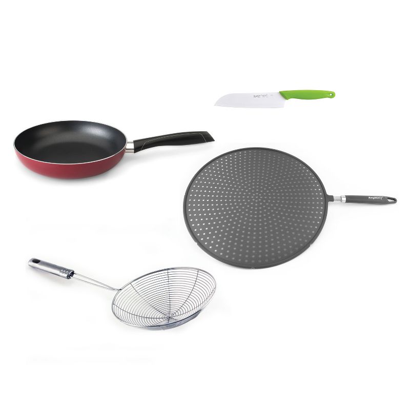 BergHOFF Geminis 4Pc Assorted Set, 11" Fry Pan, 13" Silicone Splatter Screen, 17" Stainless Steel Skimmer & 7" Ceramic Coated Vegetable Knife