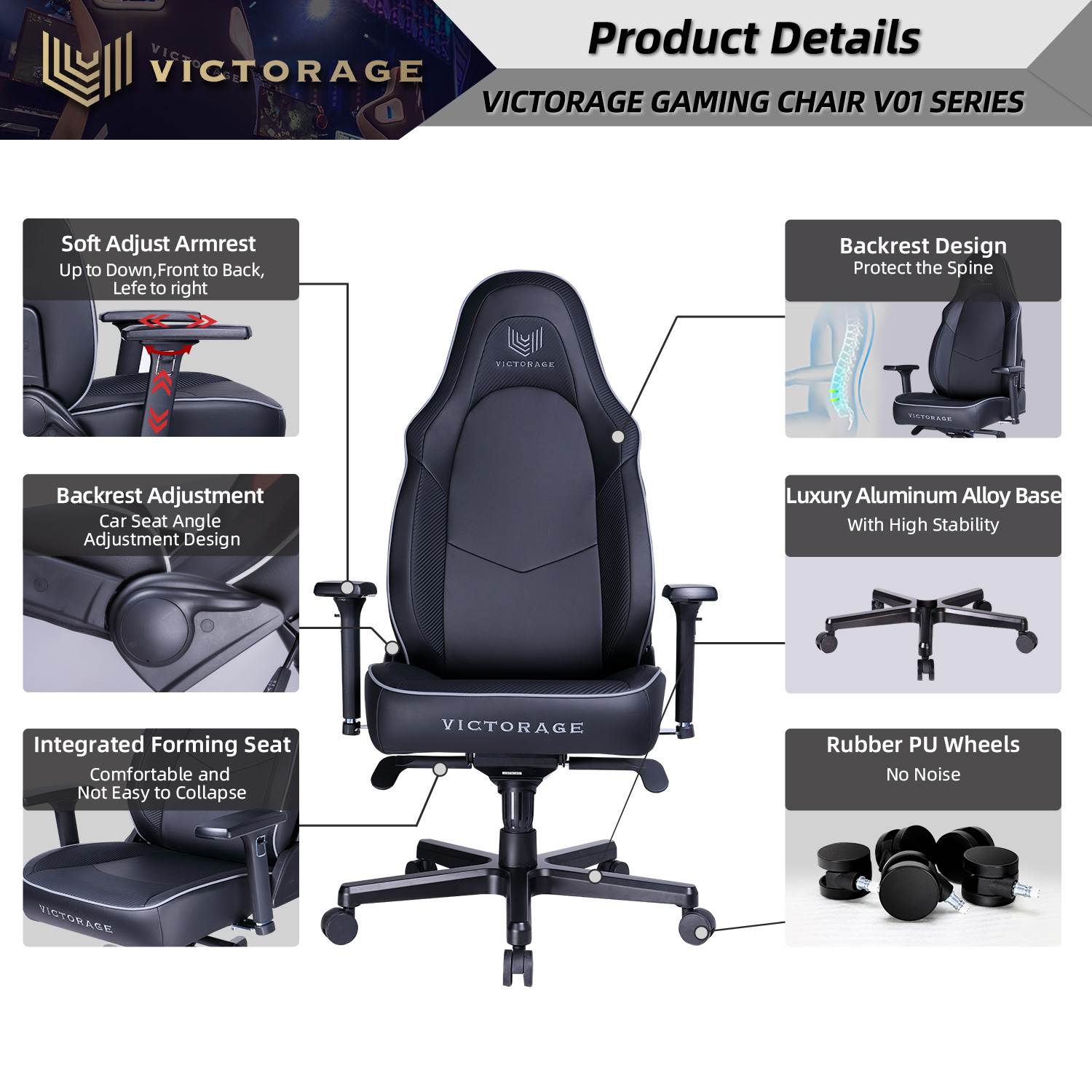 Victorage V01 Series of Ergonomic Office Chair High-back Adjustable Racing Chair, Gaming Chair with Lumbar Pillow and Neck Pillow, Reclining PVC Leather Computer E-sports Office Gaming Chair