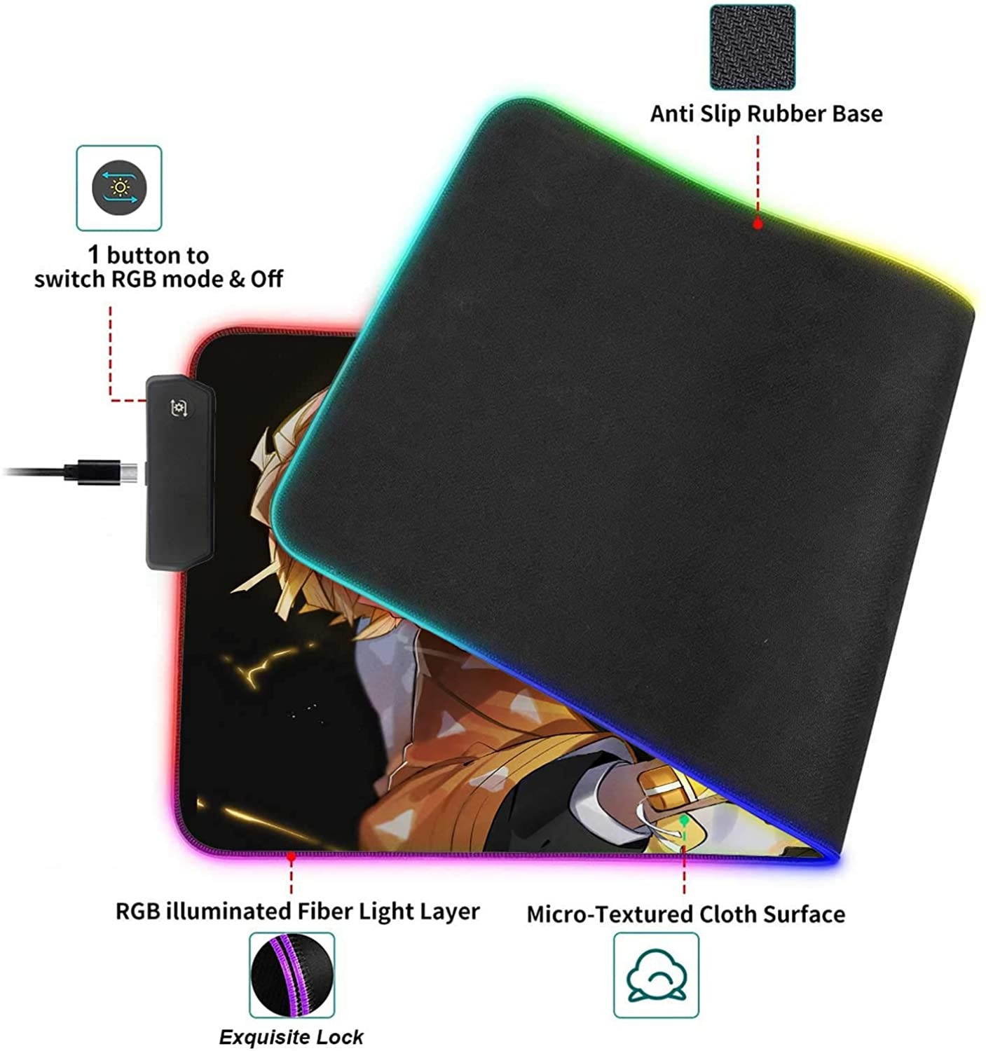 RGB Large Gaming Mouse Mat Anime Demon Slayer Zenitsu Agatsuma Kimetsu No Yaiba,Laptop Desk Pad,Mousepad with Stitched Edge & Non-Slip Rubber Base,Computer Keyboard and Mice Pads Mouse Mat 31.5X11.8